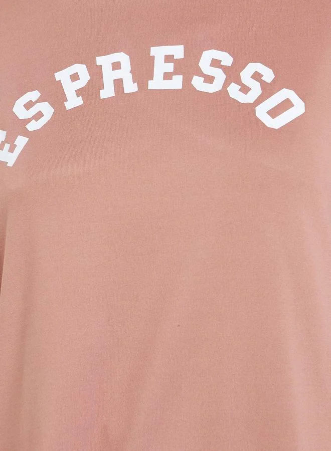 Styli Women Brown Slogan T-Shirt and Striped Pyjama Set